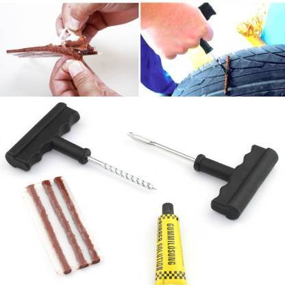 Wukusy 1513 tubeless tyre puncture repair kit with nose pliers, rubber cement, and extra strips for car and bike tires
