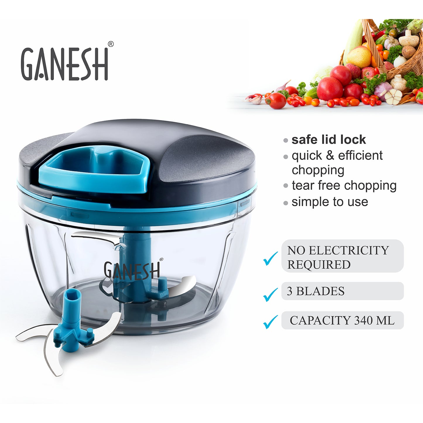 Wukusy 8106 Ganesh Wonder Chopper Grey 470ml with ergonomic handle and transparent container for easy food chopping and mixing.