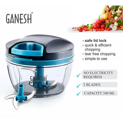 Wukusy 8106 Ganesh Wonder Chopper Grey 470ml with ergonomic handle and transparent container for easy food chopping and mixing.