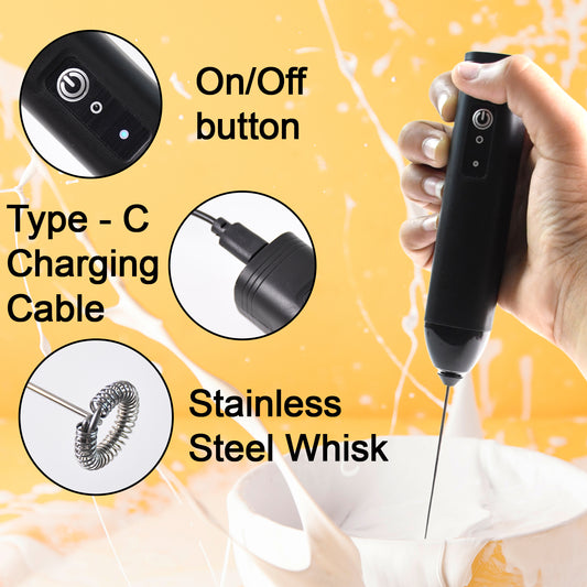 Wukusy small electric handheld milk frother with stainless steel whisk for frothing milk, compact kitchen tool for home use