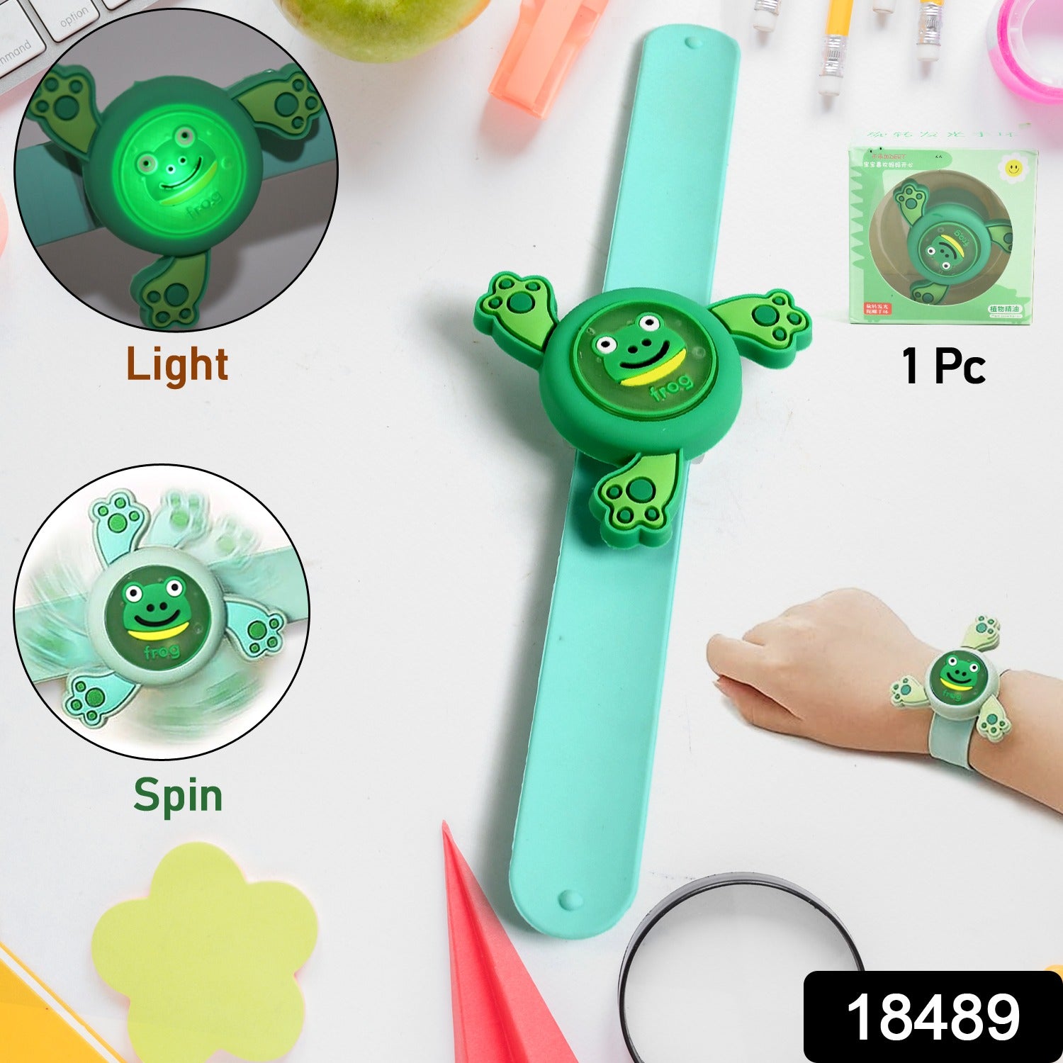 Wukusy LED spinning slap bracelet for kids, cartoon-themed toy wrist band with flashing lights, colorful and fun for children.