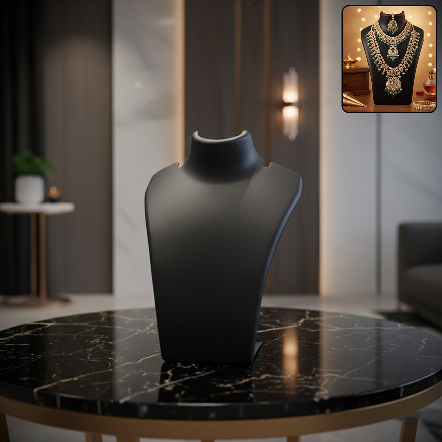 Black necklace display stand mannequin bust by Wukusy, 15x11 cm, showcasing a sleek and elegant jewelry presentation.