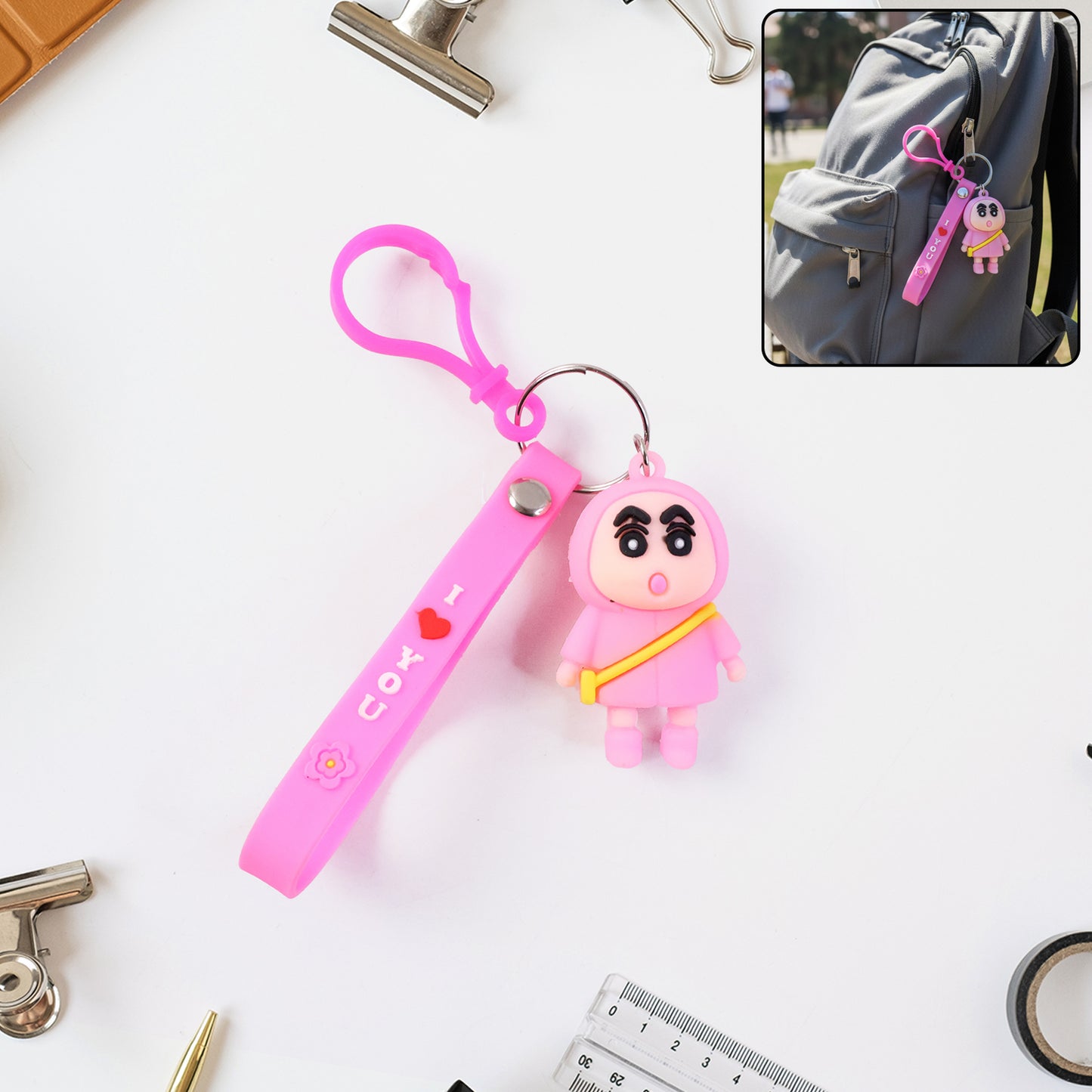 Wukusy cute cartoon doll figure keychain featuring a colorful, animated character, ideal for attaching to bags or keys.