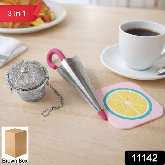 Wukusy 3-in-1 tea and coffee accessories combo set with cups, infuser, and spoons on a wooden surface.