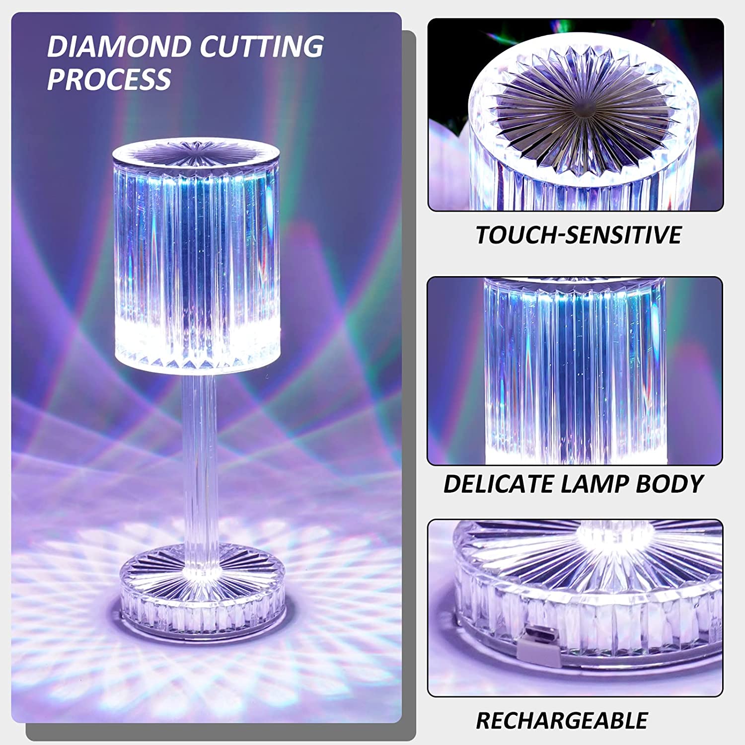 Wukusy 6605 Crystal Table Lamp with touch control for nightstand, featuring USB charging port and elegant home decor design.