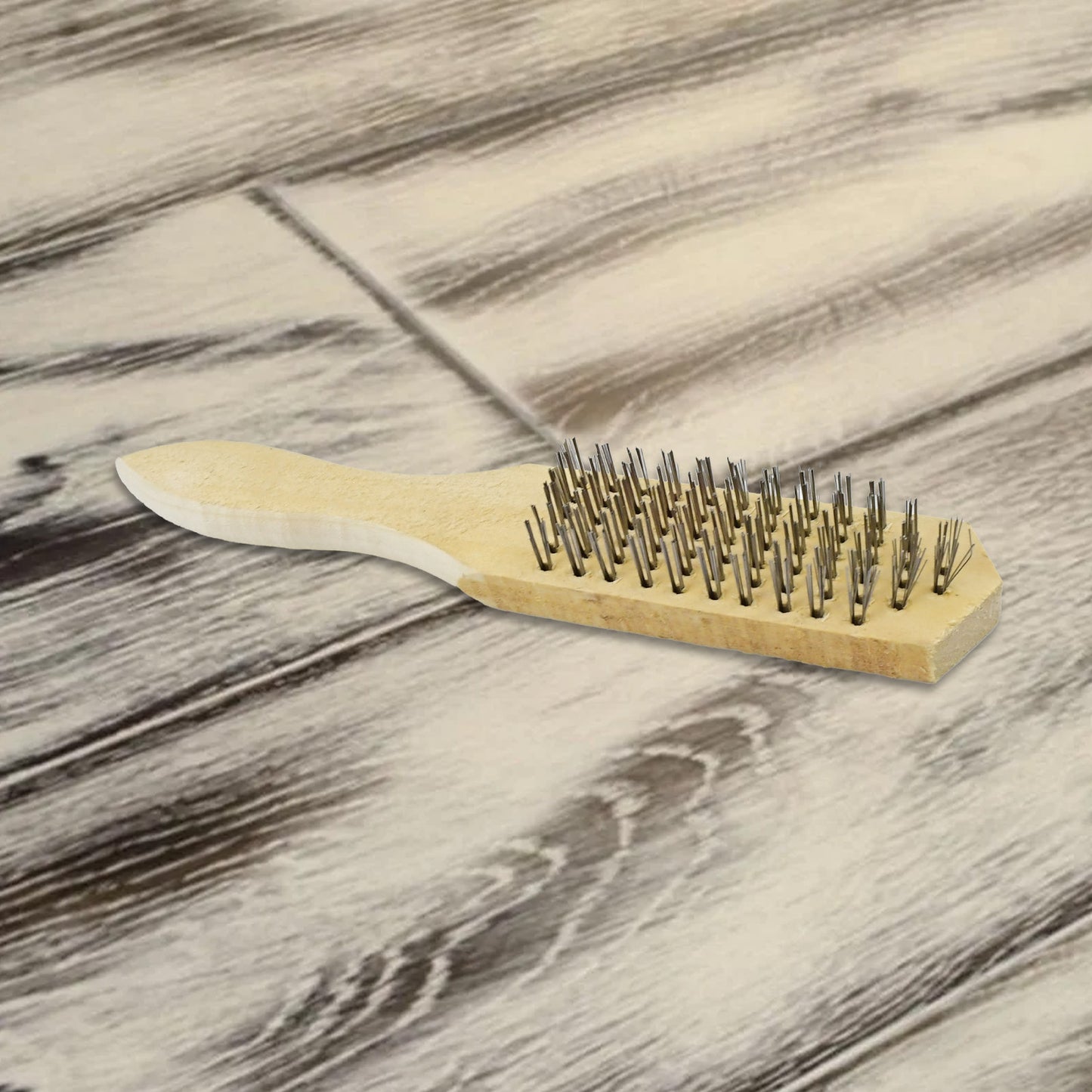 Steel wire brush with wooden handle by Wukusy, showing close-up of bristles and ergonomic wooden grip for cleaning and scrubbing.