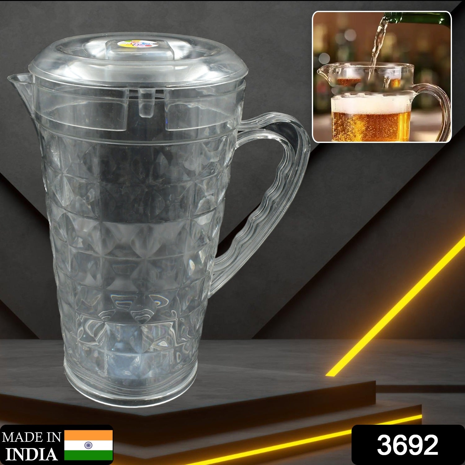 Transparent plastic pet jug with lid by Wukusy, reusable BPA-free water jug ideal for home and restaurant beverage serving.