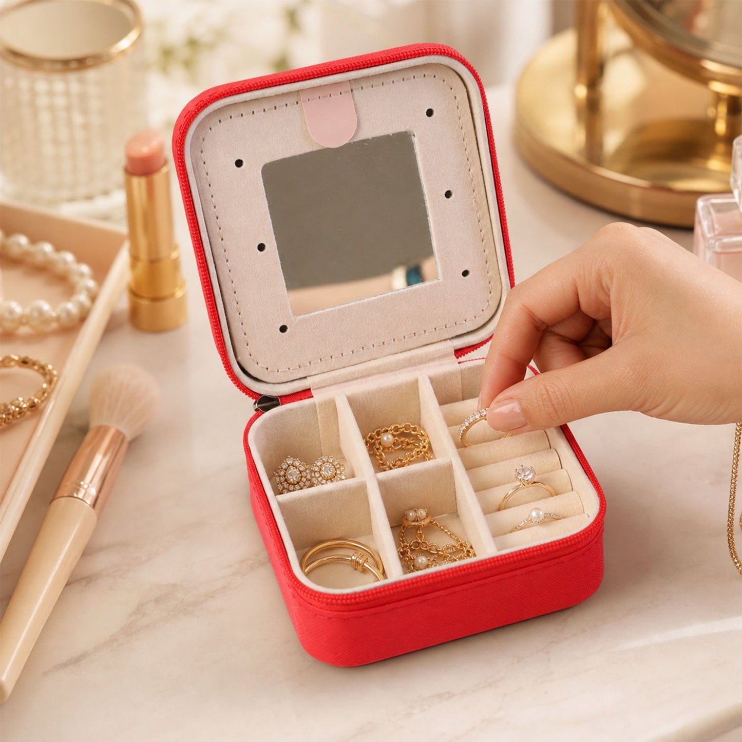 Wukusy mini jewelry organizer box with mirror, designed for rings and earrings, featuring a compact, stylish storage solution.