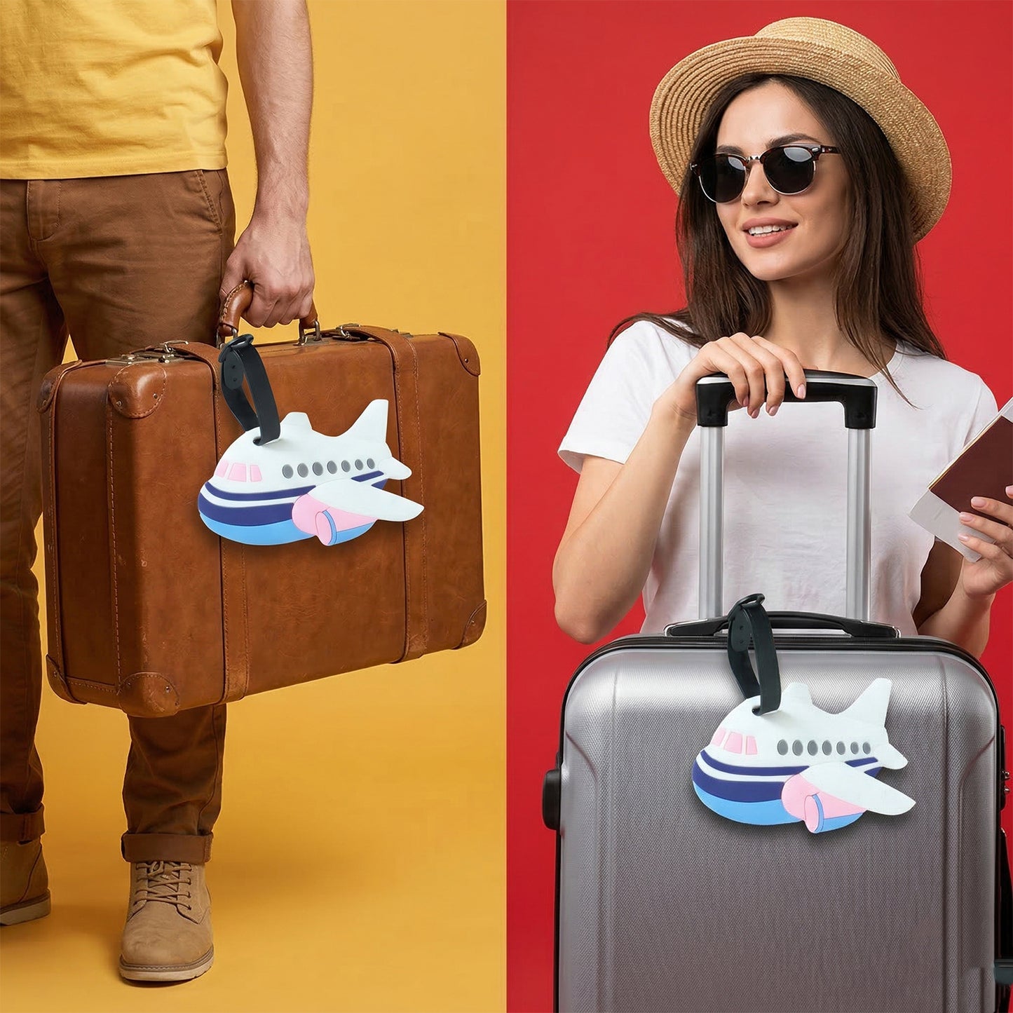 Wukusy airplane shape travel luggage bag tag with adjustable strap for easy identification of checked bags.
