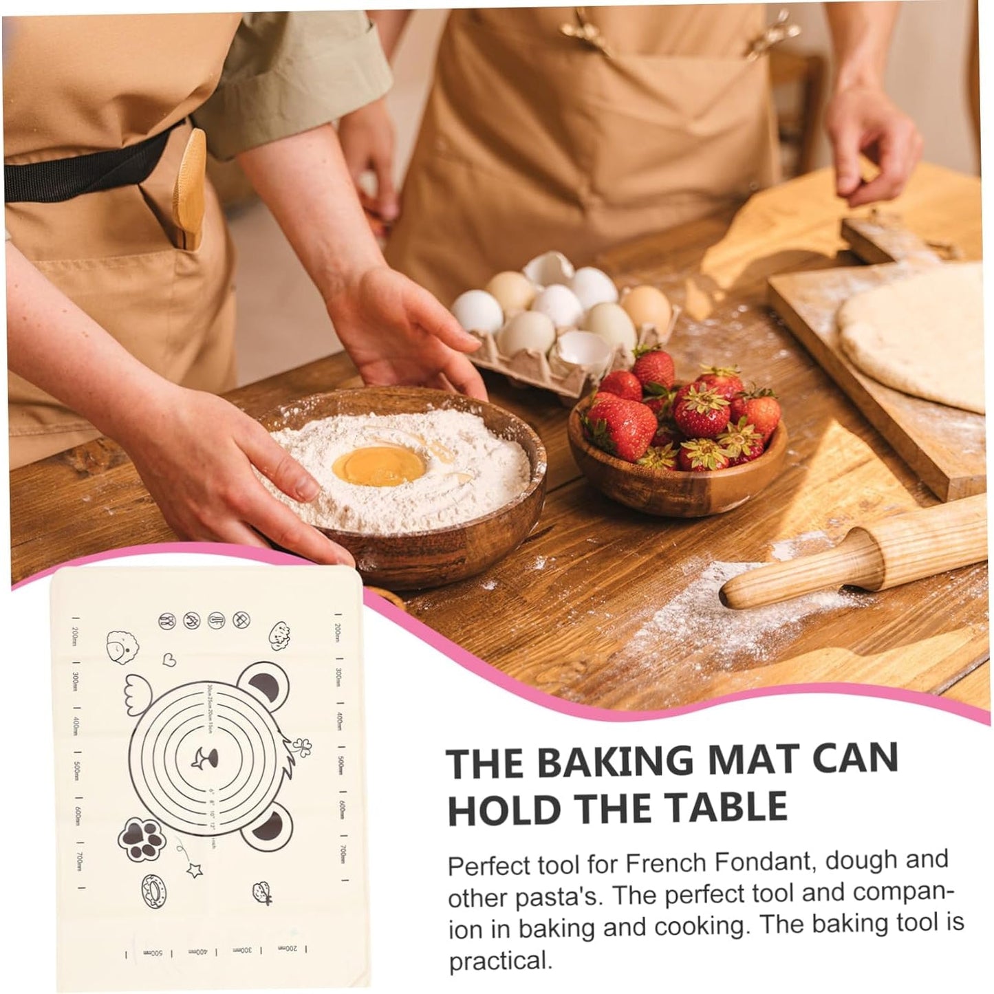 Wukusy 3-in-1 low silicone baking mat set with wooden belan and cake scraper, kitchen tools for baking and dough rolling