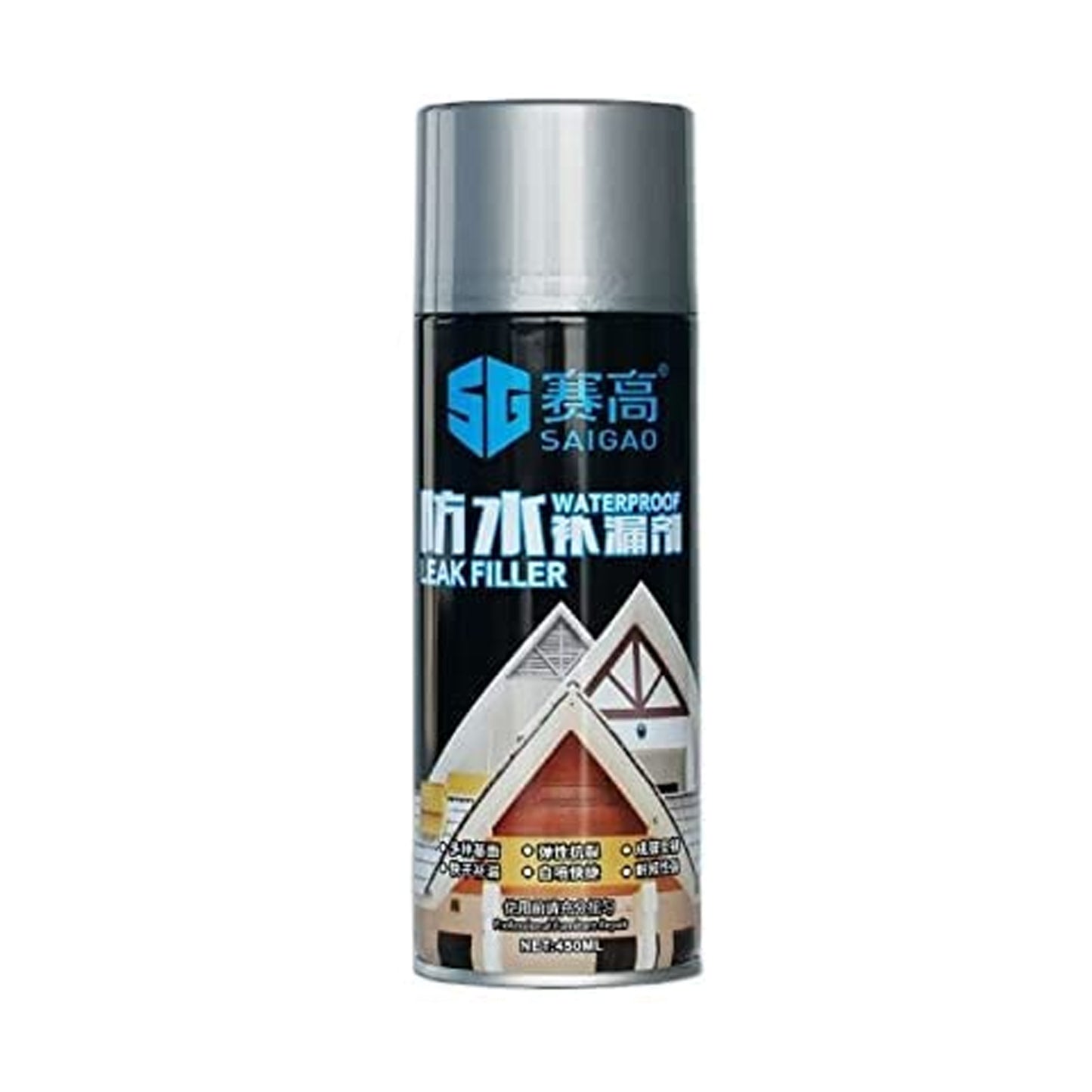 Wukusy Rubber Flexx Waterproof Leak Filler Spray in black, 450ml, showing the spray nozzle and black rubber sealant for cracks and leaks