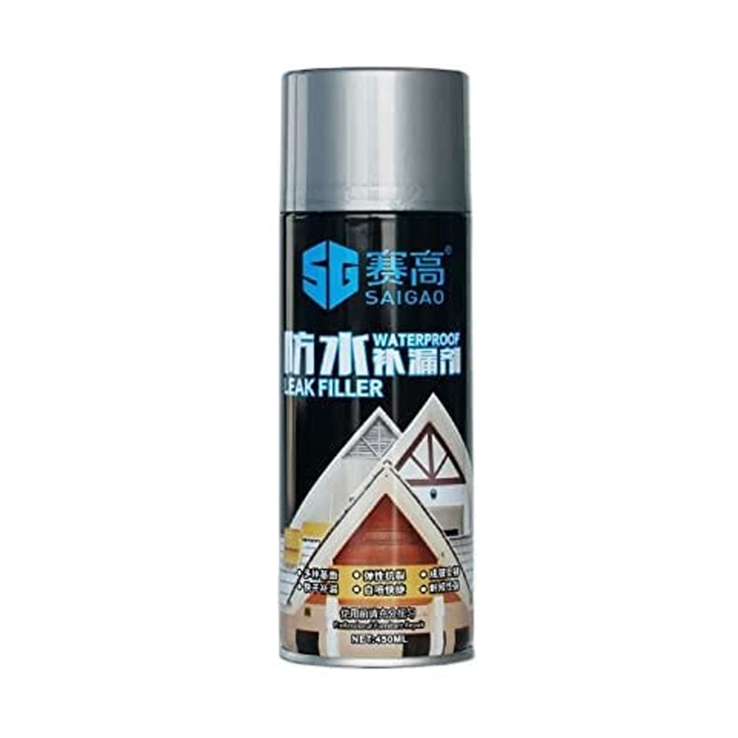 Wukusy Rubber Flexx Waterproof Leak Filler Spray in black, 450ml, showing the spray nozzle and black rubber sealant for cracks and leaks