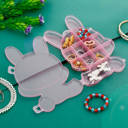Wukusy transparent cartoon bear plastic jewelry storage box with compartments for organizing small jewelry and accessories.