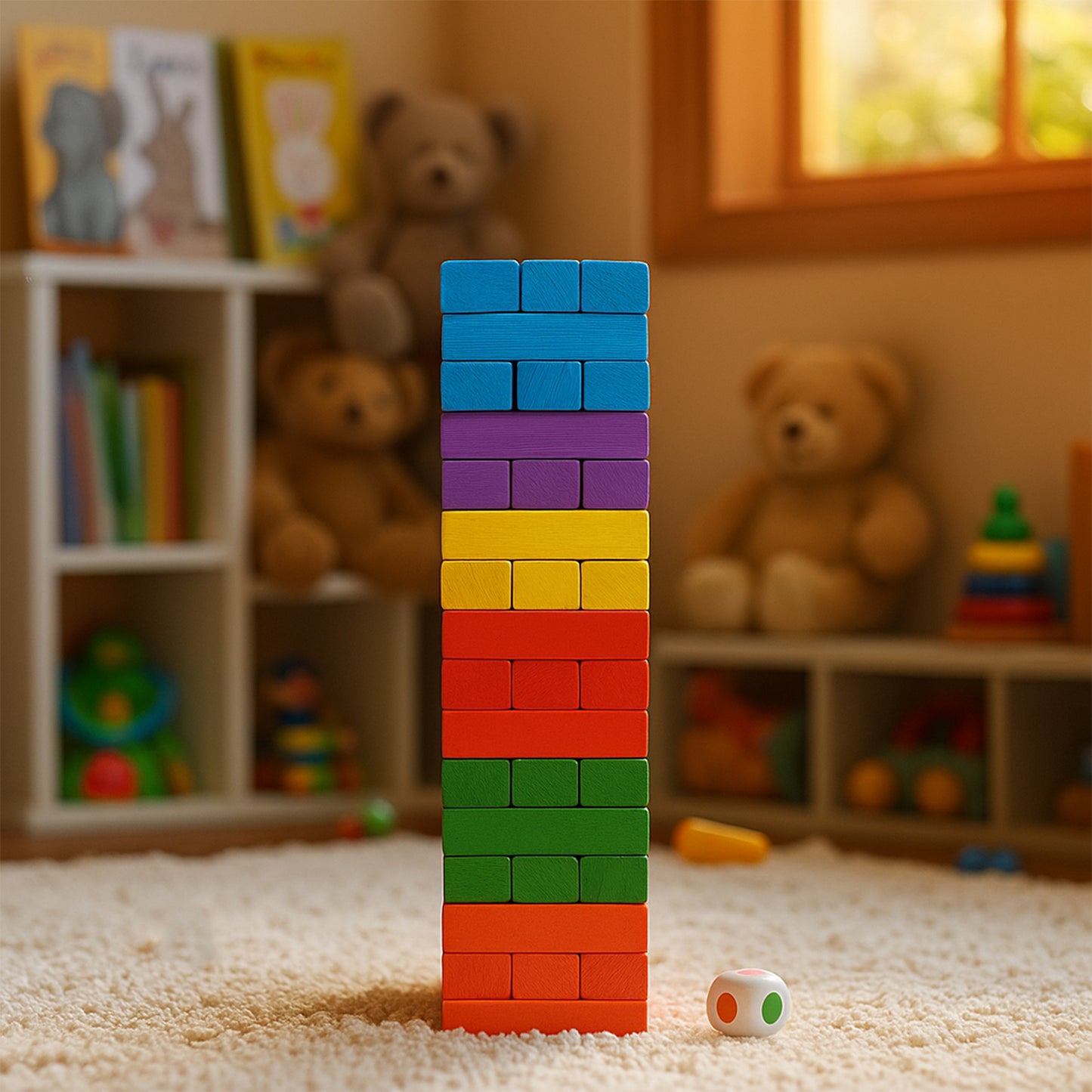 Wooden stacking tower game with 54 colorful pieces by Wukusy, showing the stacked wooden blocks arranged in a tower.