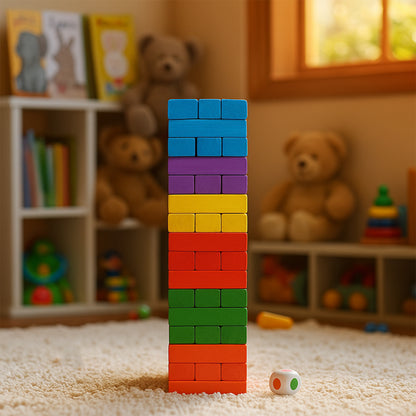 Wooden stacking tower game with 54 colorful pieces by Wukusy, showing the stacked wooden blocks arranged in a tower.