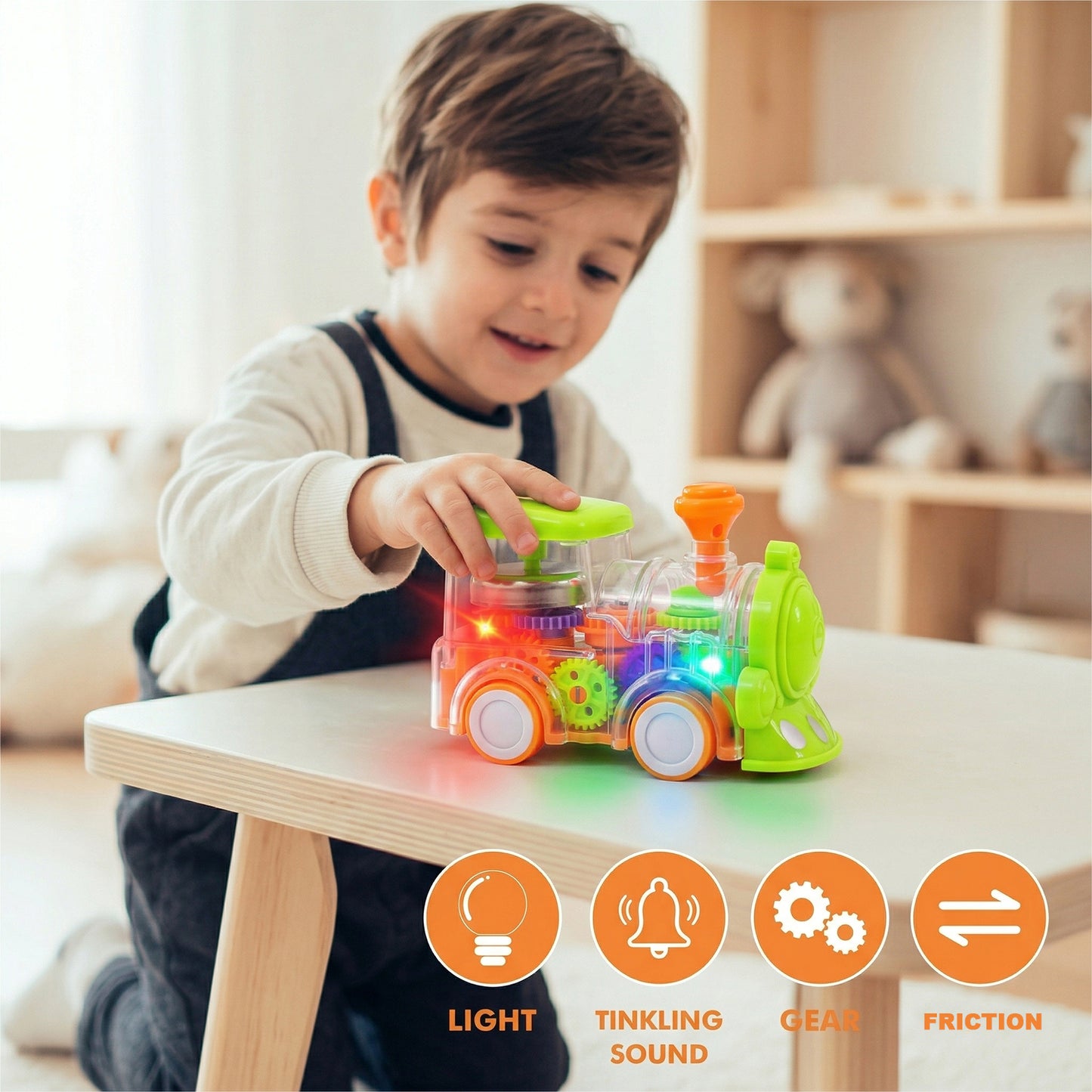 Kids musical light-up transparent train toy by Wukusy, featuring colorful lights and detailed train design for children.