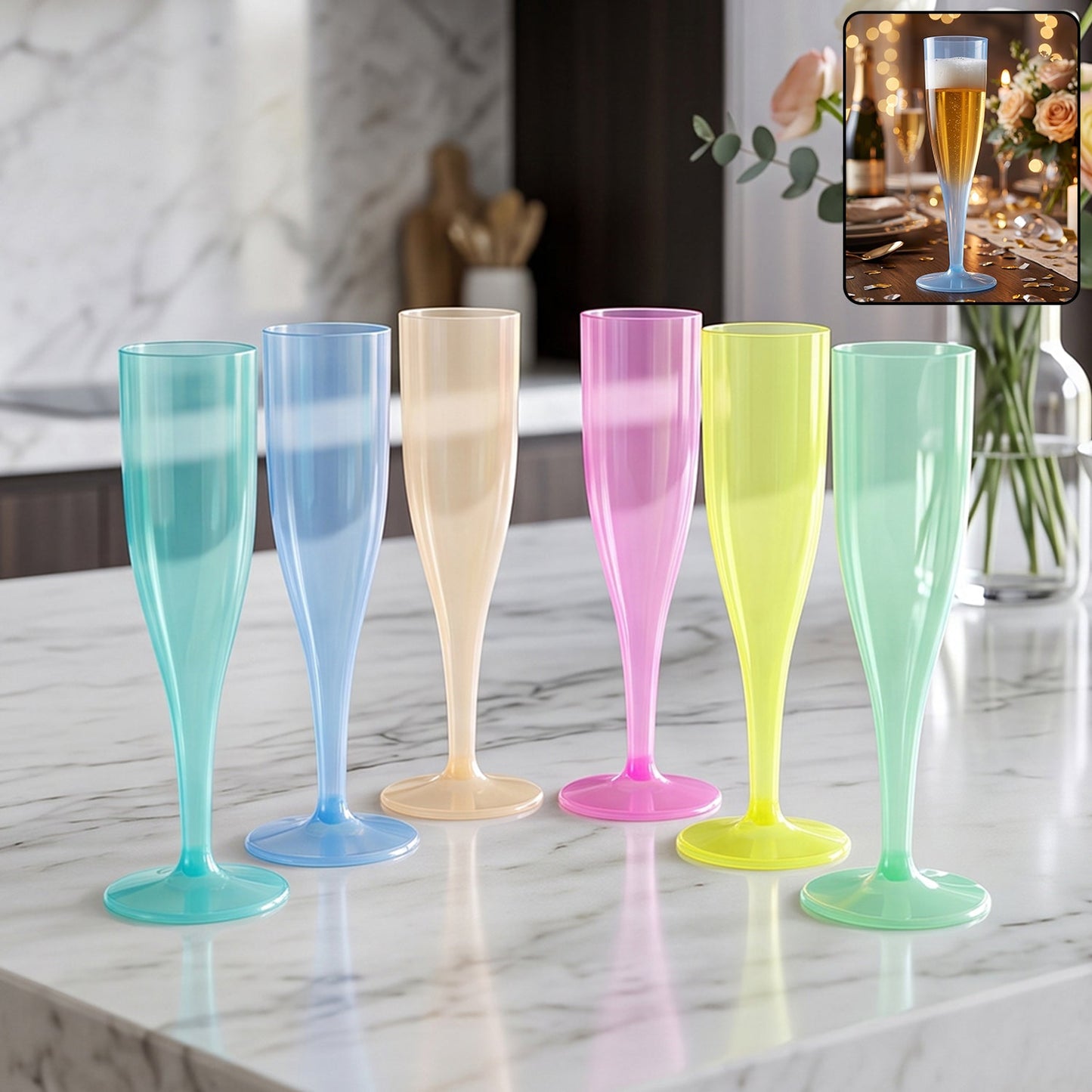 Set of six Wukusy reusable plastic champagne flutes in assorted colors, perfect for festive celebrations and outdoor events.