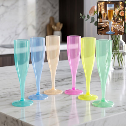 Set of six Wukusy reusable plastic champagne flutes in assorted colors, perfect for festive celebrations and outdoor events.