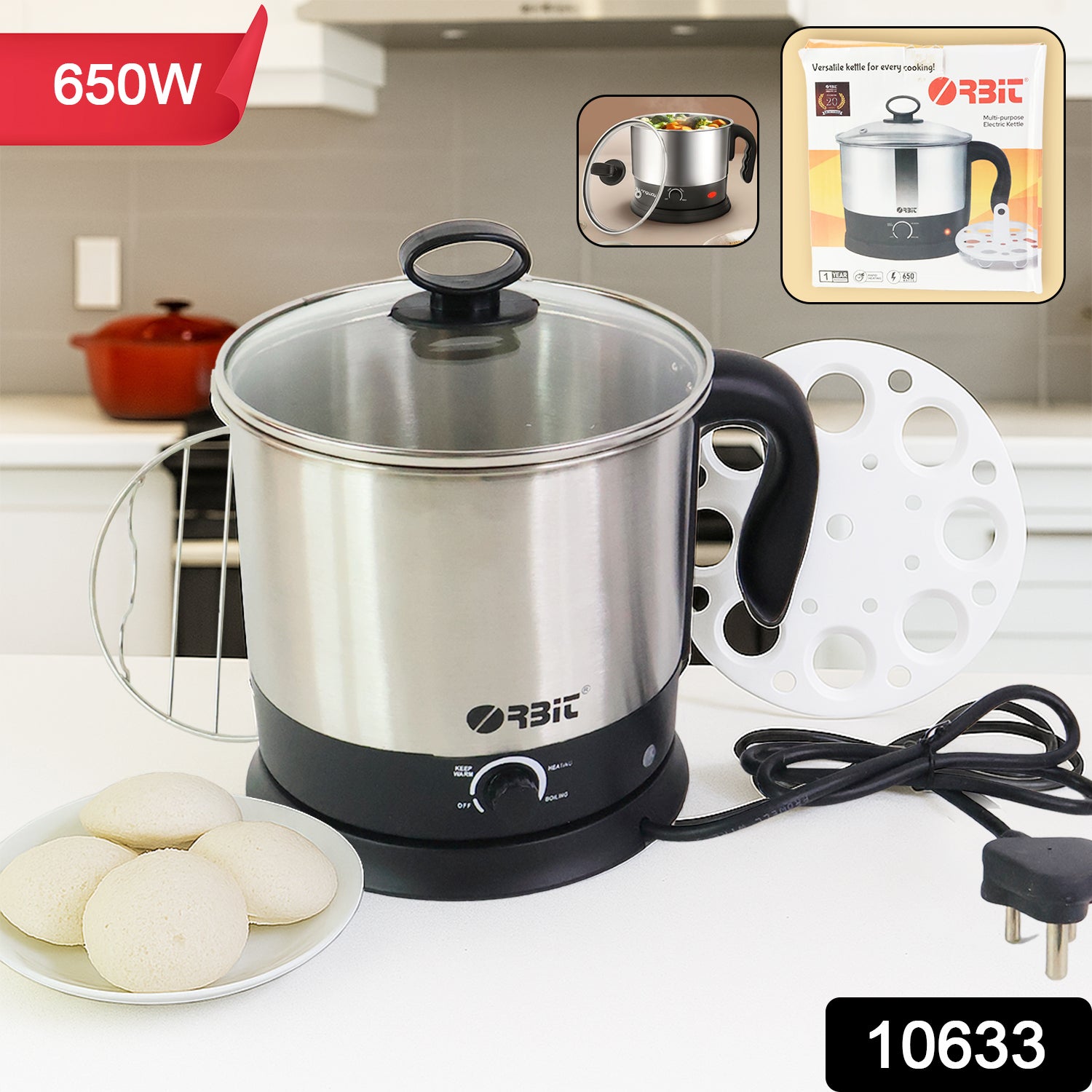 Wukusy Orbit Electric Idli Cooker and Steamer with 650W power, featuring multiple steaming trays for traditional South Indian idlis.
