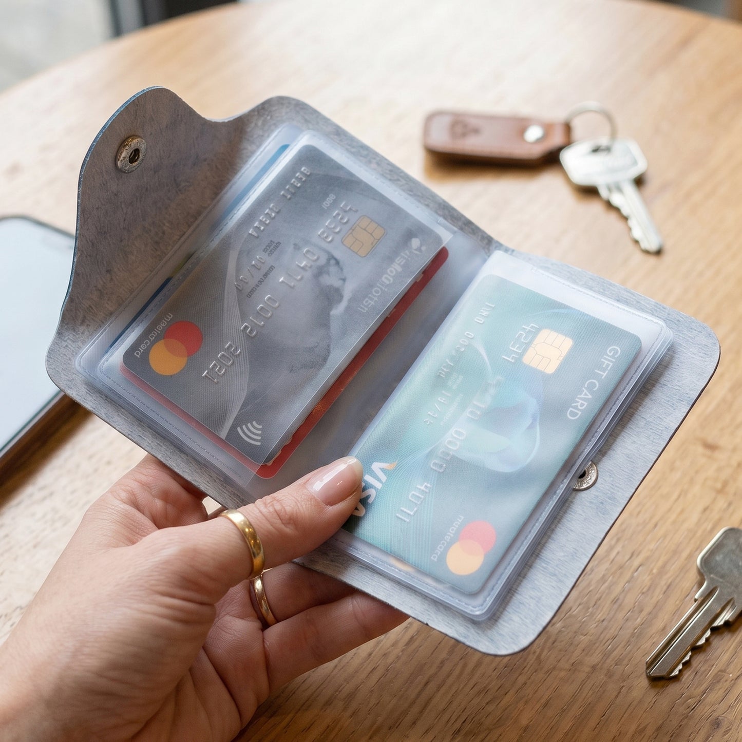 Wukusy premium leather card holder wallet with button closure and 10 inner leafes, compact and stylish for cards and cash storage.
