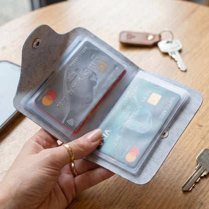 Wukusy premium leather card holder wallet with button closure and 10 inner leafes, compact and stylish for cards and cash storage.
