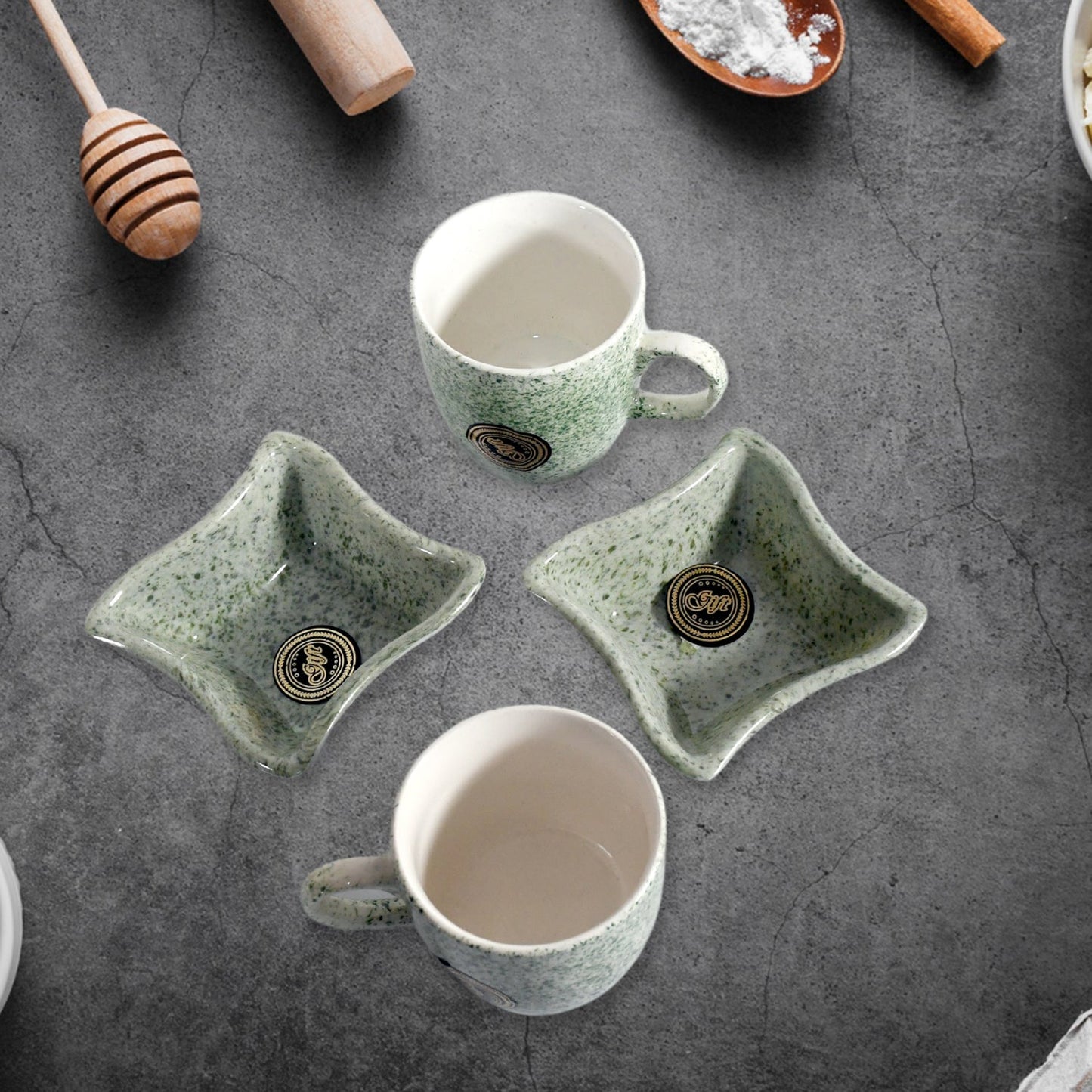Wukusy Festo Ceramic Tea Cups and Mug Set with serving bowl, milk cup, and snacks for household tea or coffee drinking, 4 pieces