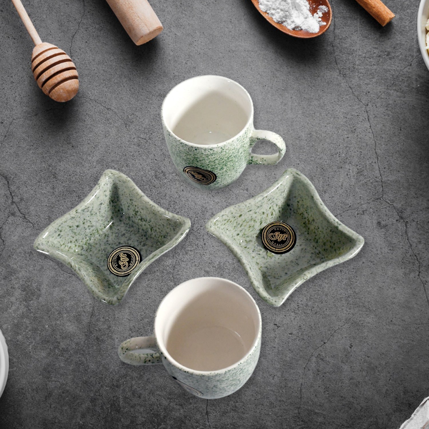 Wukusy Festo Ceramic Tea Cups and Mug Set with serving bowl, milk cup, and snacks for household tea or coffee drinking, 4 pieces