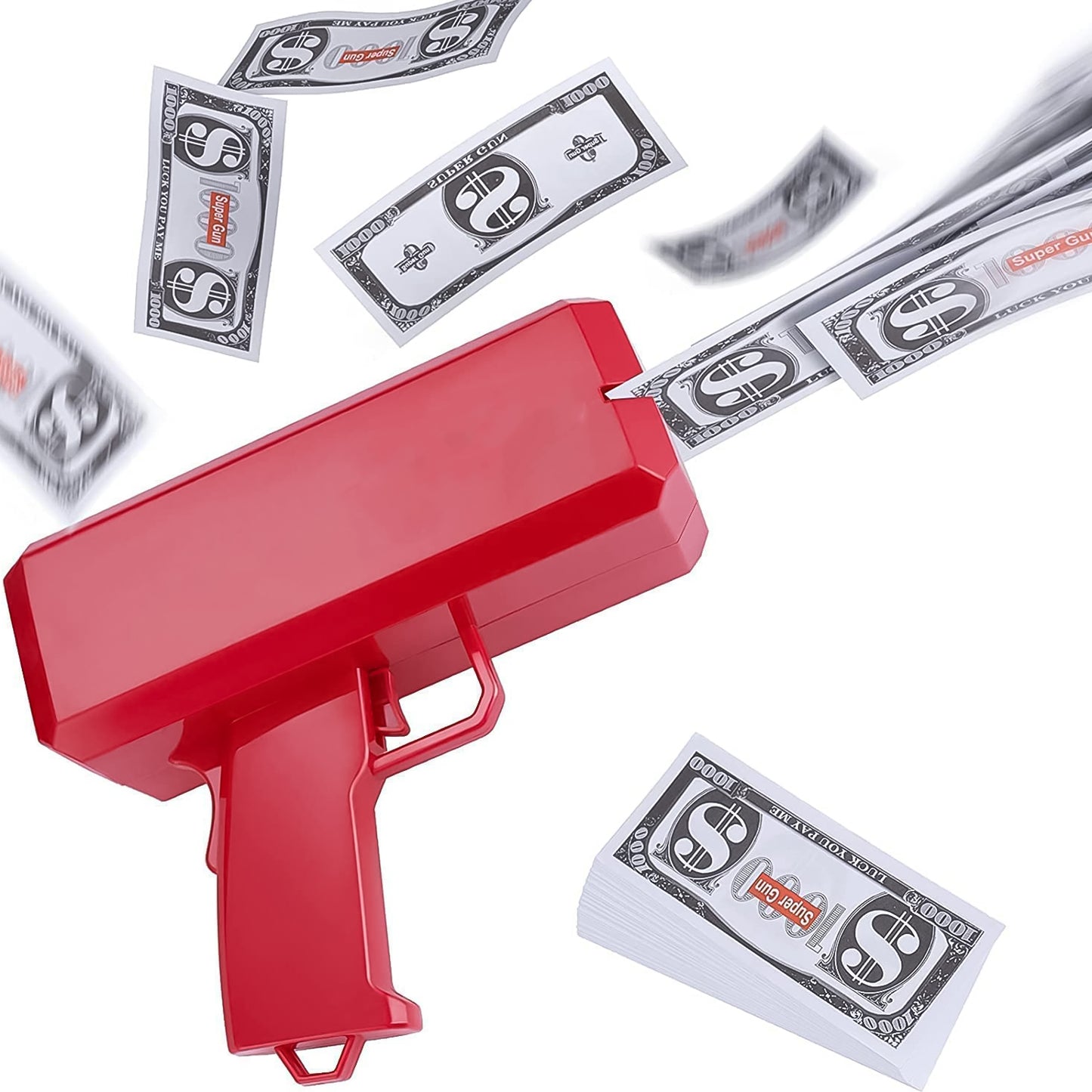 Wukusy money gun toy shooter spraying fake cash, fun for parties, weddings, and birthday celebrations with a vibrant, playful design.