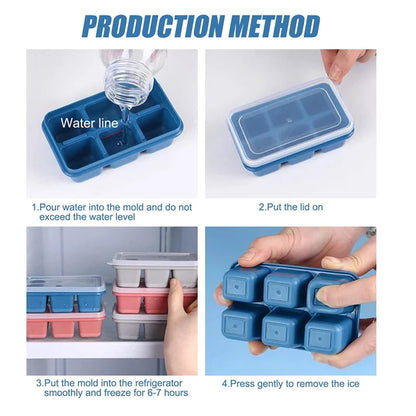 Wukusy 4750 6-cavity silicone ice tray filled with water, ready to freeze for household kitchen use.