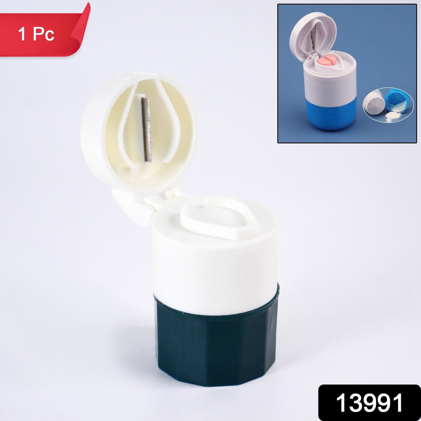 Wukusy 4-in-1 Pill Crusher and Grinder with compact design, showing the device with pills and grinding mechanism for medication preparation.