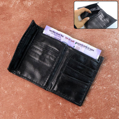 Wukusy premium genuine leather bi-fold travel wallet with multiple card slots and a sleek design, shown open on a white background.