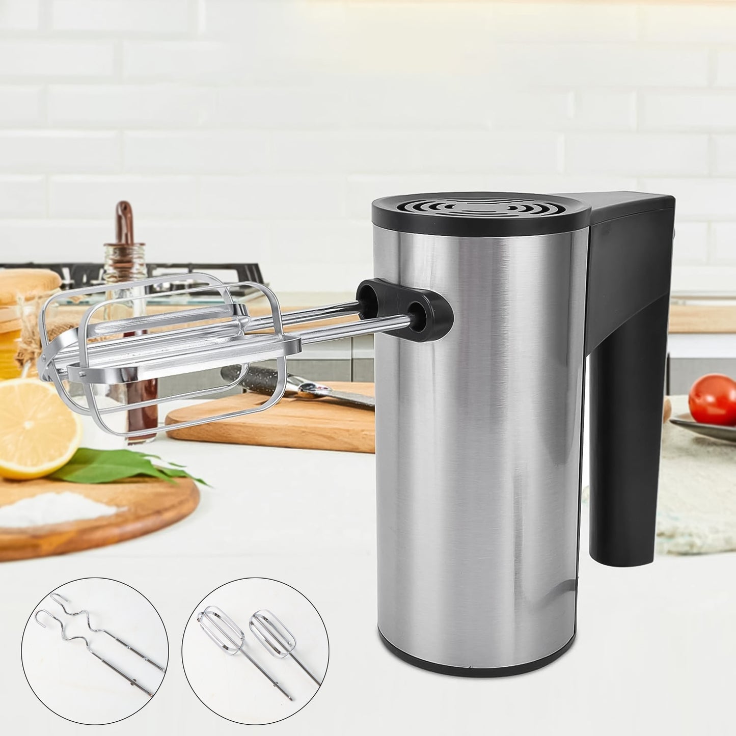 Wukusy Orbit stainless steel electric hand mixer with 450W motor, featuring beaters and control buttons for home baking tasks.