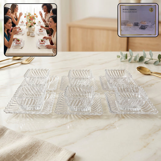 Wukusy Royal Premium glassware serving plate and bowl set, 12-piece, clear and elegant for serving food and snacks.