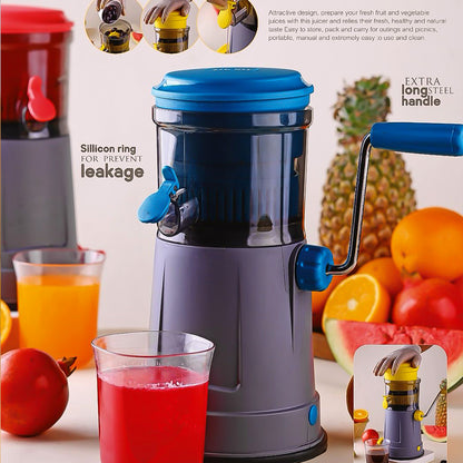 Wukusy Supermom Pulpy Fruit Juicer with long handle and silicone ring, shown in use for fresh juice extraction.