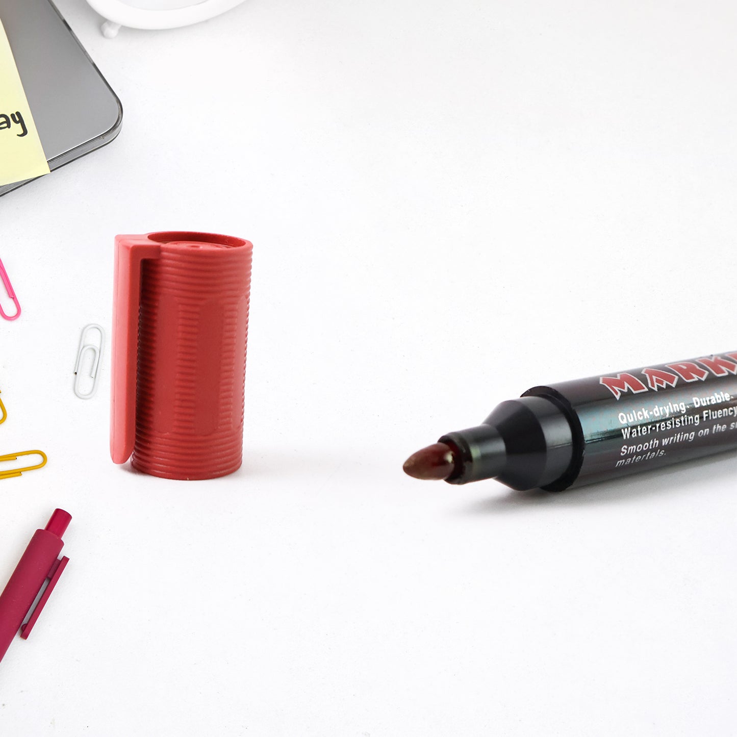 Wukusy 12-pack Premium Permanent Red Marker Pen Set for office use with vibrant red ink on white background