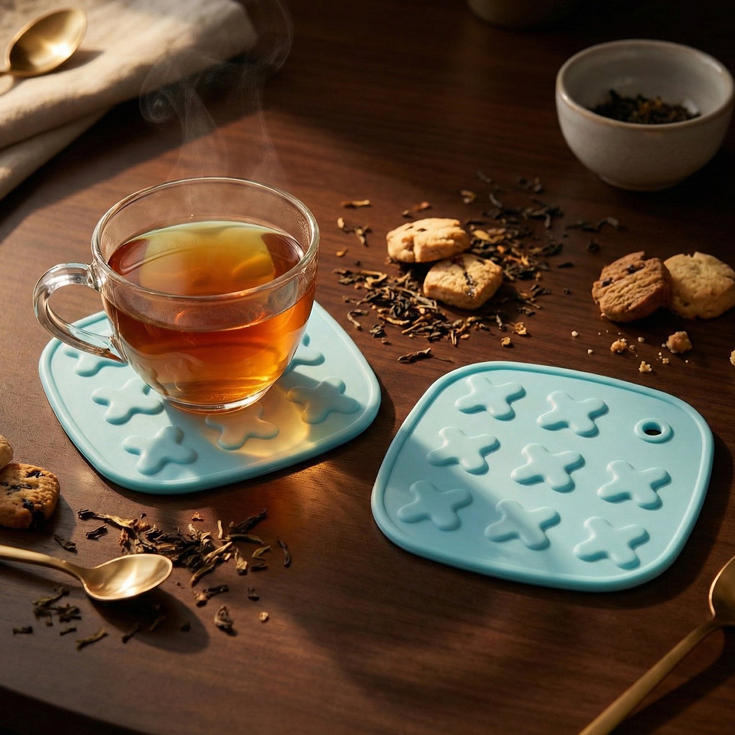 Set of two Wukusy heat-resistant multipurpose cup coasters and hot pot pads with non-slip surfaces for protecting tables.