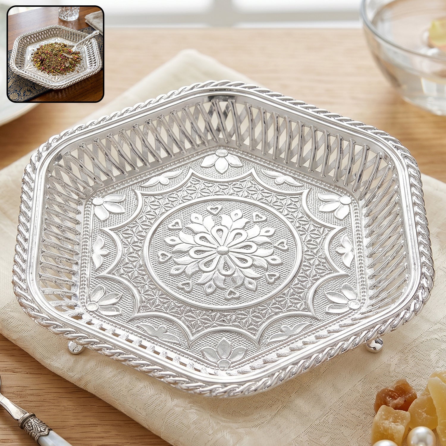 Decorative silver serving tray with traditional embossed floral design by Wukusy, featuring intricate floral patterns and elegant craftsmanship.