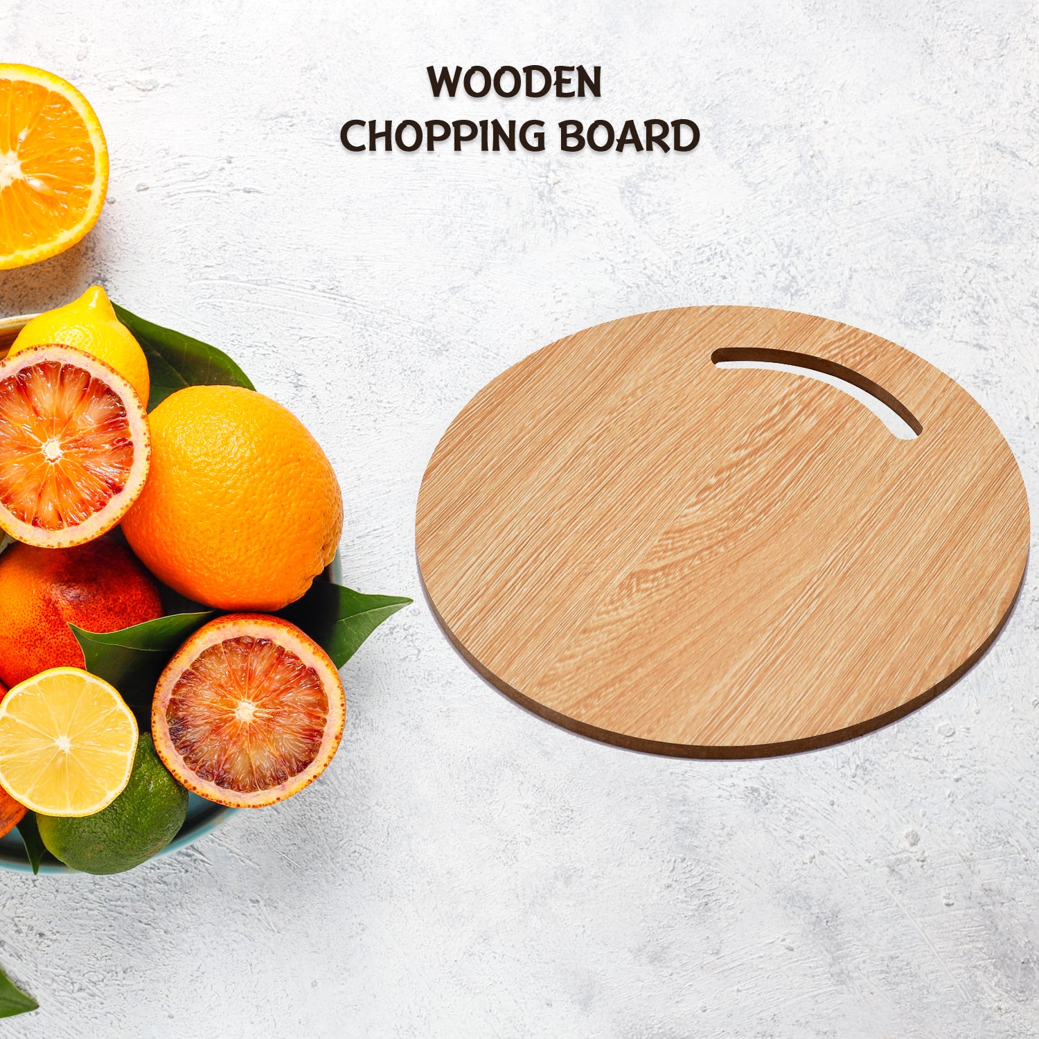 Wukusy wooden round chopping board for chopping fruit and vegetables, with a smooth surface and natural wood grain.