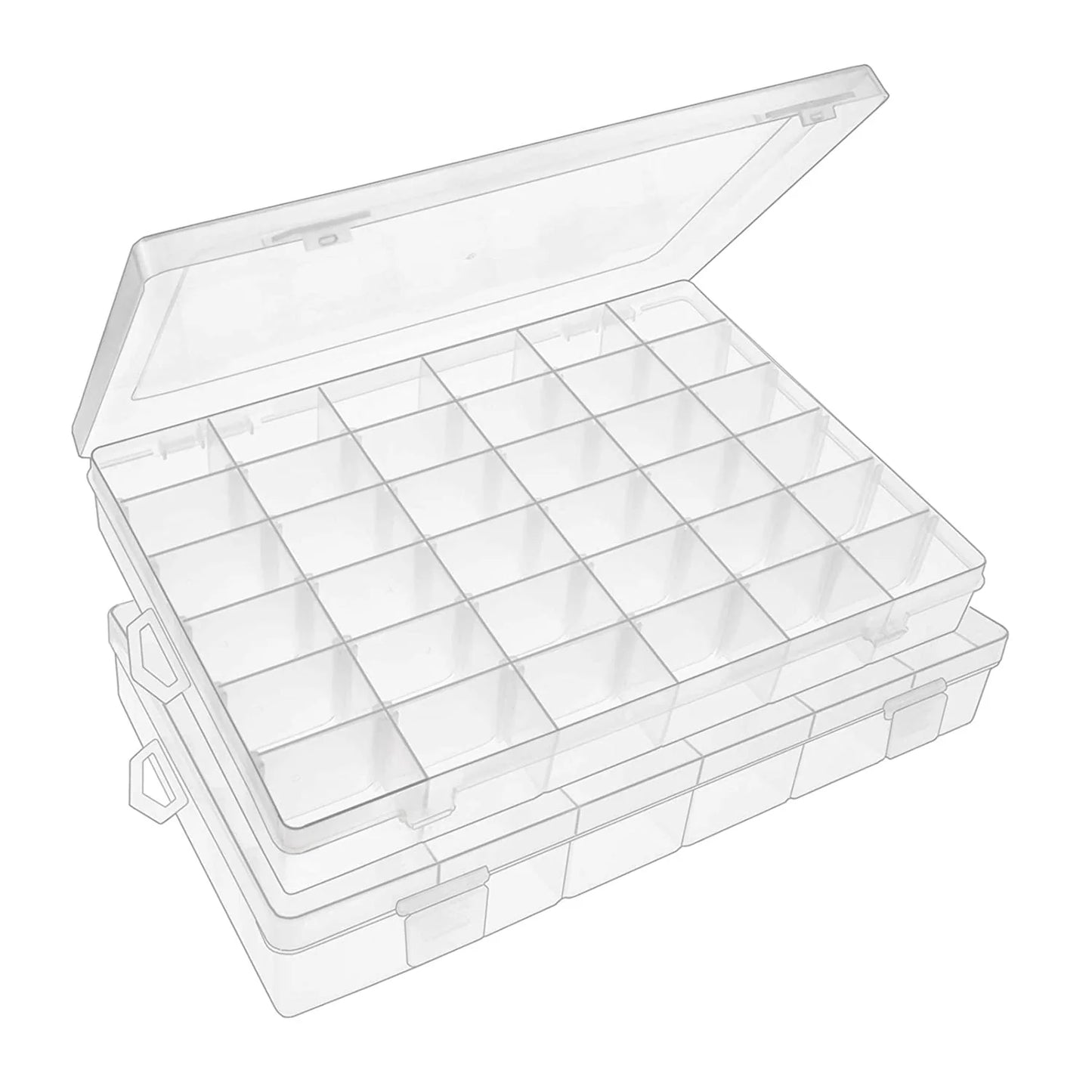 Wukusy 7673a clear plastic jewelry organizer box with 36 grids and adjustable dividers for neat jewelry storage.