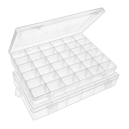 Wukusy 7673a clear plastic jewelry organizer box with 36 grids and adjustable dividers for neat jewelry storage.