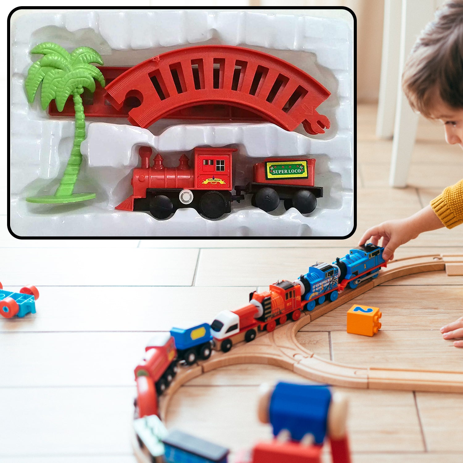 Wukusy 4470 World Express Mini Train Play Set for kids with colorful train cars and track pieces on a play surface.