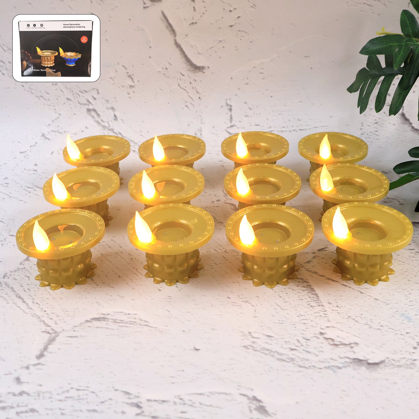 Set of 12 water sensor LED golden diyas for home decor, featuring elegant traditional design with glowing lights.