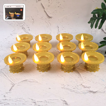 Set of 12 water sensor LED golden diyas for home decor, featuring elegant traditional design with glowing lights.