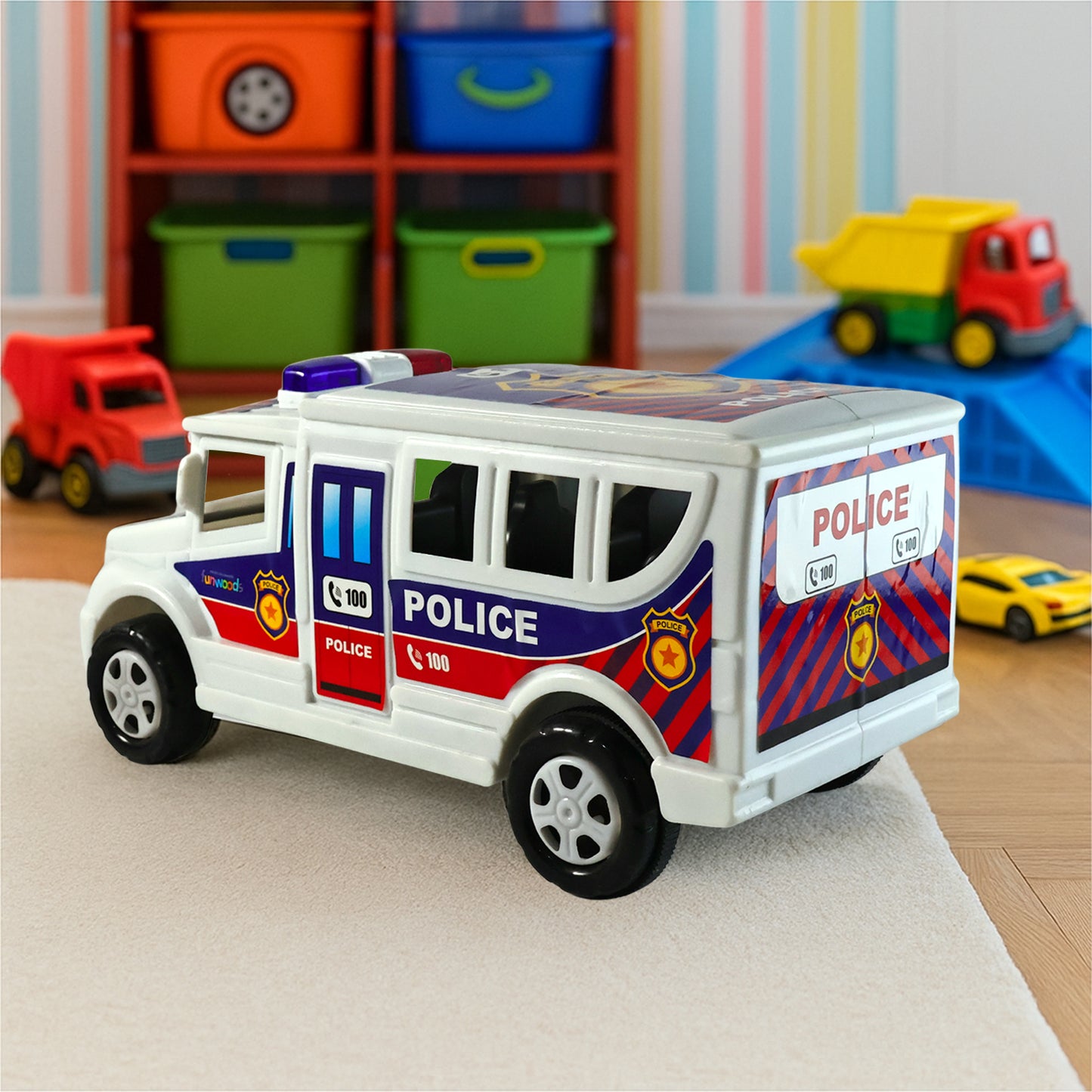 Wukusy Funwoods police van toy in bright blue with police decals, plastic construction, and detailed emergency vehicle design.