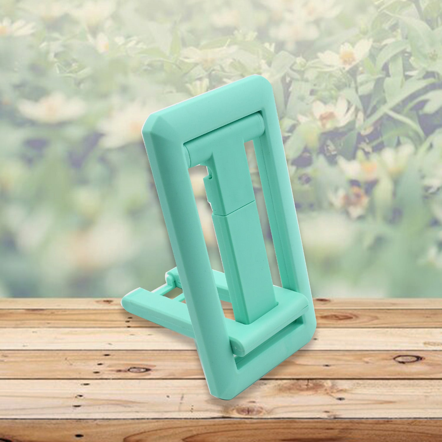 Wukusy mobile phone stand on a desk, adjustable angle, foldable, non-slip, sturdy holder for all smartphones.