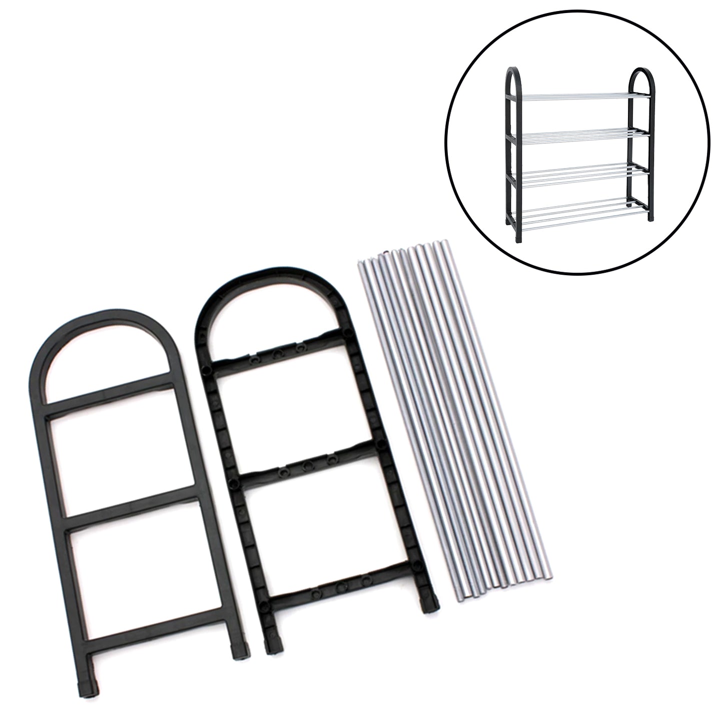 Wukusy 9106 4 Shelves Shoe Rack with wooden shelves and metal frame, organized for shoes and footwear storage.