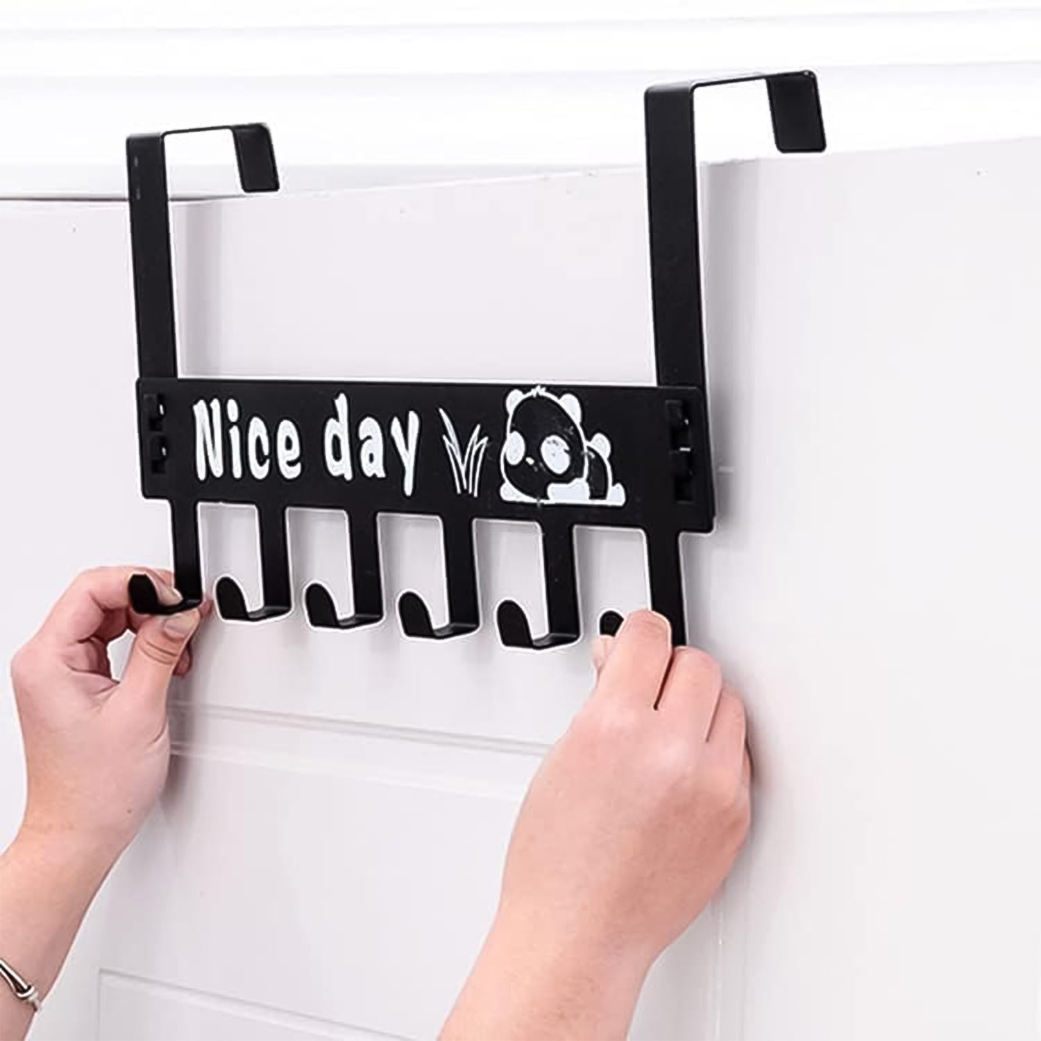 Black heavy-duty carbon steel door hook hanger rack with 6 hooks, 2-piece set from Wukusy for home improvement.