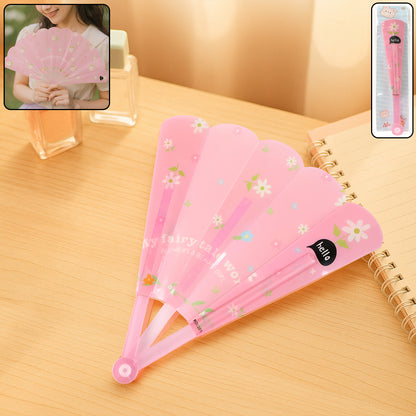 Foldable Wukusy hand fan with colorful floral print, featuring lightweight design and decorative floral patterns.