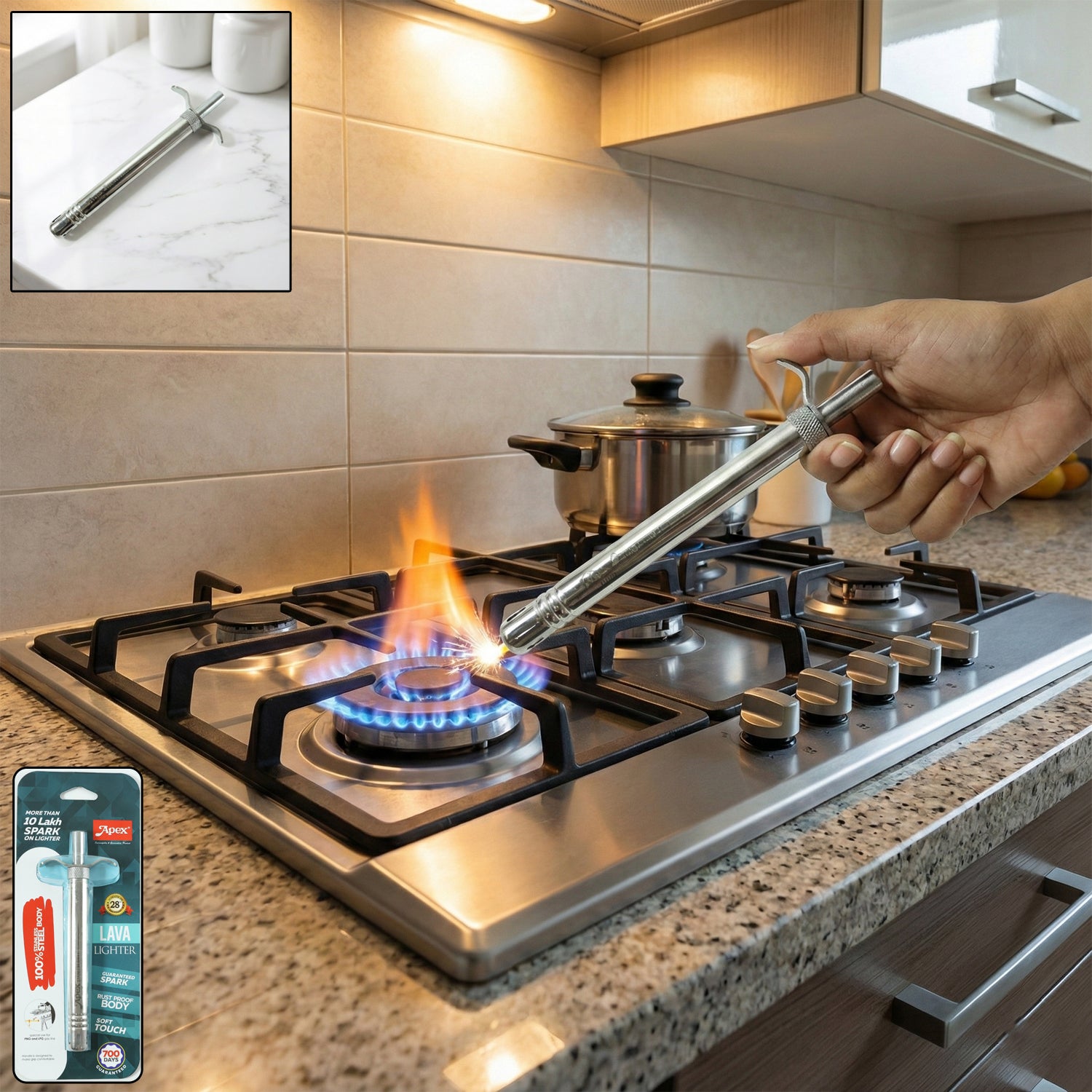 Wukusy manual stainless steel gas stove spark lighter showing a sleek, portable device with a trigger and ignition tip.