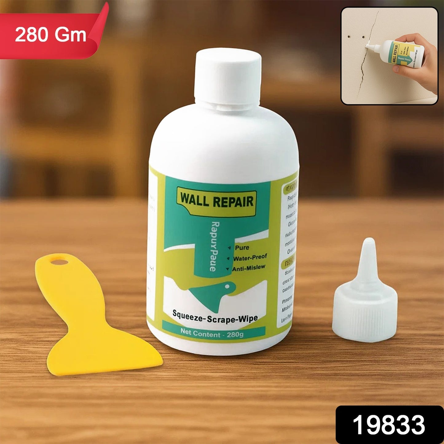 Wukusy wall crack repair cream with scraper set, showing tubes of repair cream and a metal scraper tool for cracks.